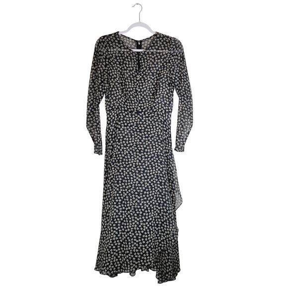 Tommy Hilfiger black Swiss dot floral sheer long sleeve wrap midi dress size Med - Picture 1 of 12